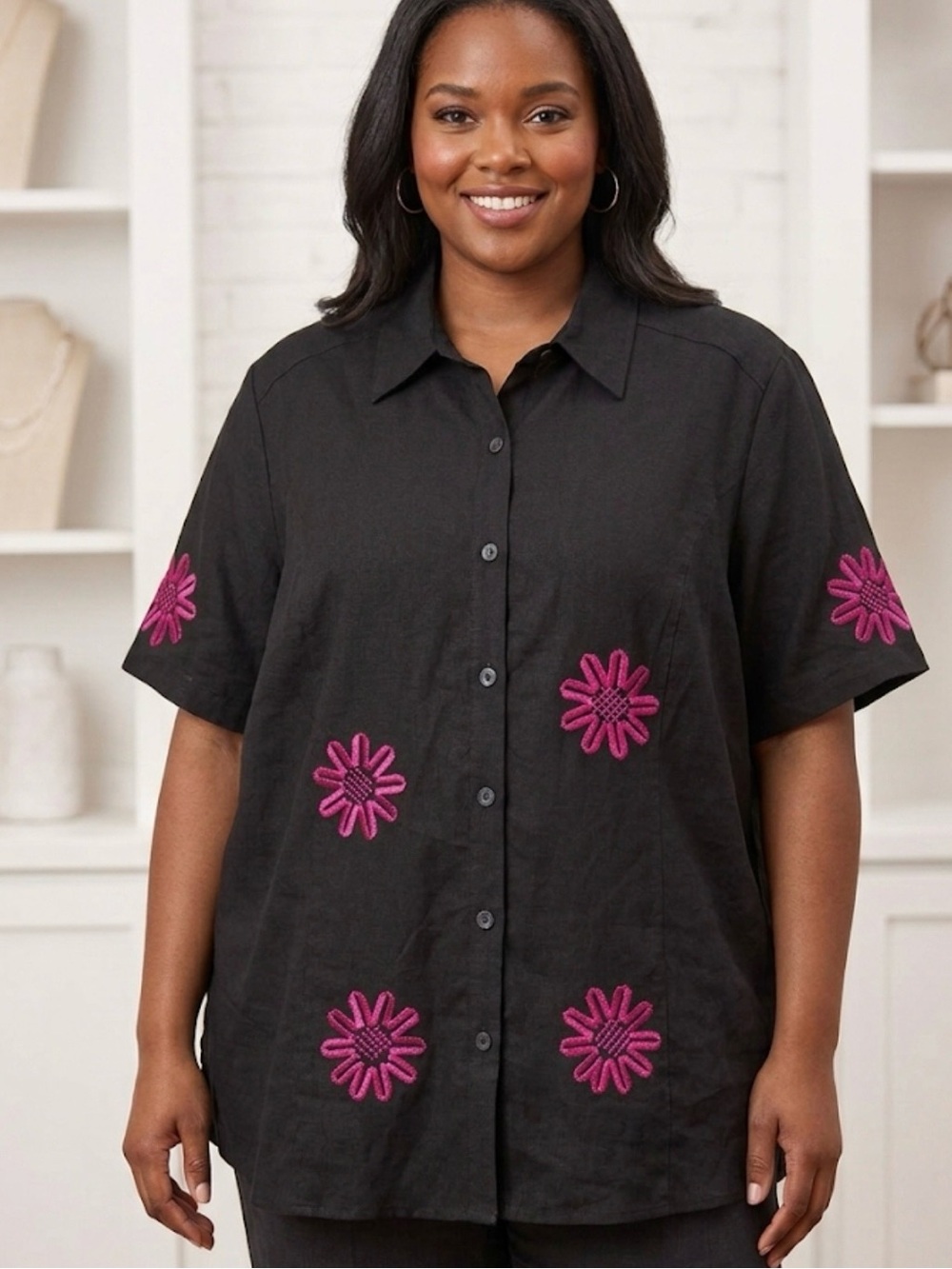 VINTAGE A.K.C. Linen Blend Button-Down Shirt with Pink Floral Embroidery. 5X